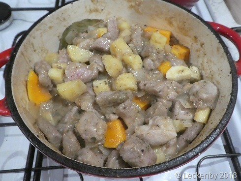 Pork, cider and parsnip stew ready to go on the stove